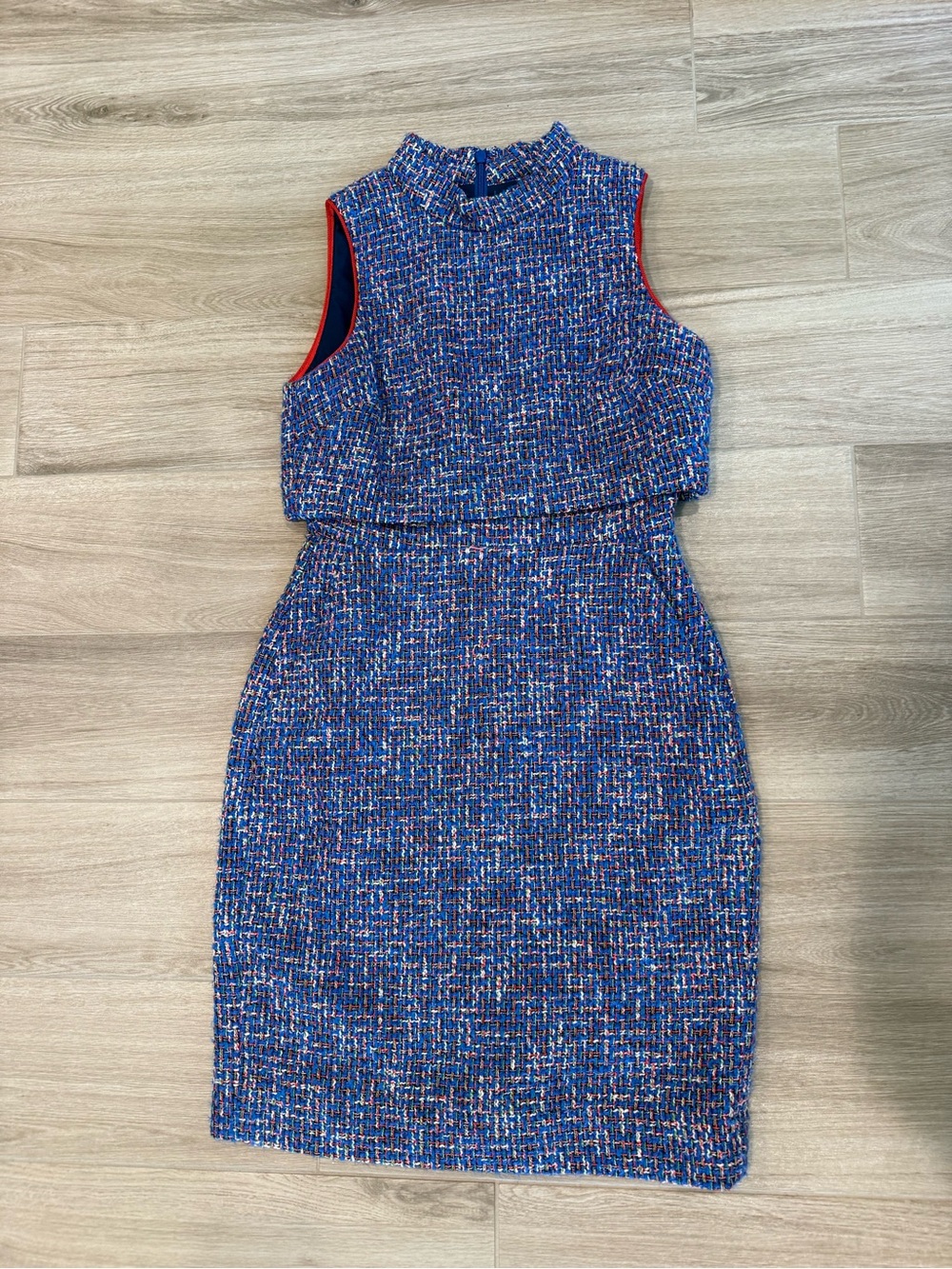 0 petite j Crew Blue Tweed Sleeveless Midi Dress with Red Trim
